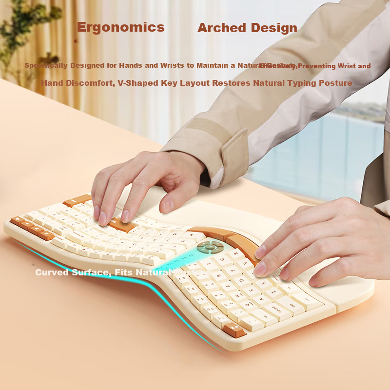 B.O.W Hangshi K700 Ergonomic Wireless Keyboard with Wrist Rest, Silent 106-Key for Desktop and Laptop, Office and Gaming, Milk Coffee Battery Version