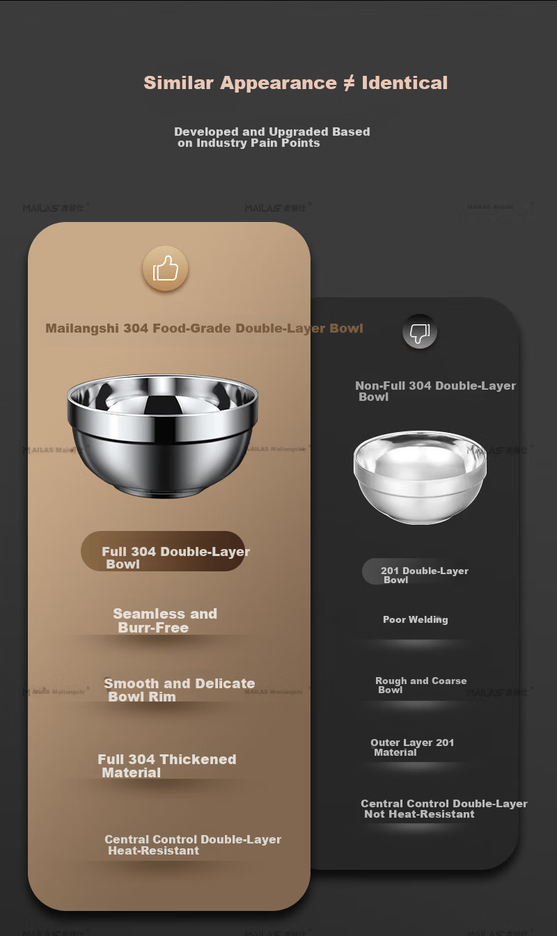 Mailangshi 11.5cm Double-Layer Thickened 304 Stainless Steel Soup Bowl, Anti-Scald Commercial Rice Bowl for Canteen 2