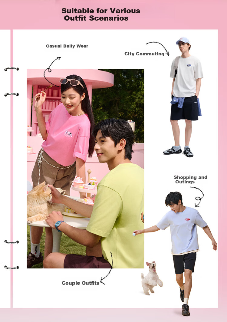FILA Official Couple's Knitted Short Sleeve Shirt 2026 Summer Fashion Casual Unisex Loose Cat Embroidery T-Shirt 13