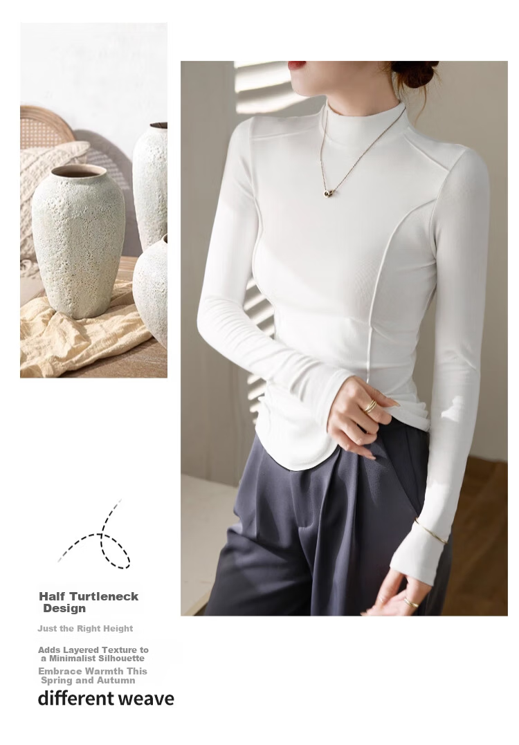 LangSha Women's Semi-Turtleneck Wool and Silk Thermal Slim Fit Herringbone Autumn Winter Base Layer Shirt 16