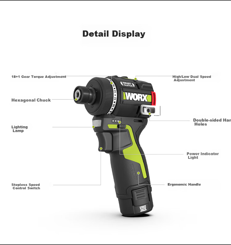 Worx 12V 50N Brushless Electric Screwdriver WU139 (2.0 Dual Battery) Cordless Drill Lithium Battery Handheld Drill Screwdriver 12