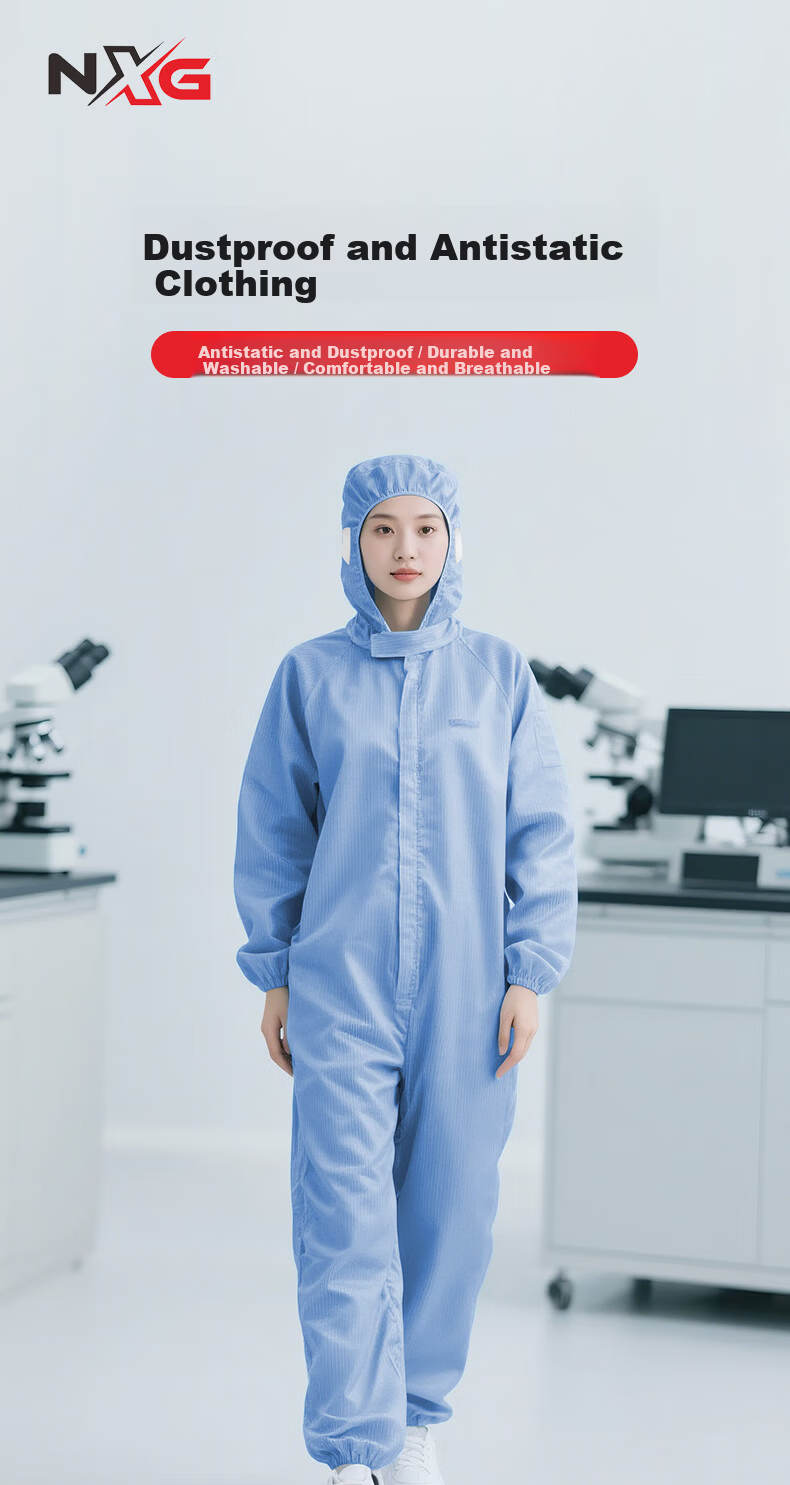 NXG One-Piece Anti-Static Coverall with Hood Dustproof Cleanroom Suit Electronic Factory Work Protective Clothing Blue XXL 2