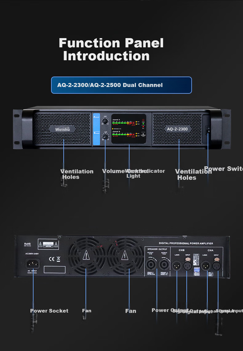 Weishu AQ-2-2500 Professional Two-Channel Digital Amplifier 500W*2 for Conference Audio Video Home Theater Stage Performance 8