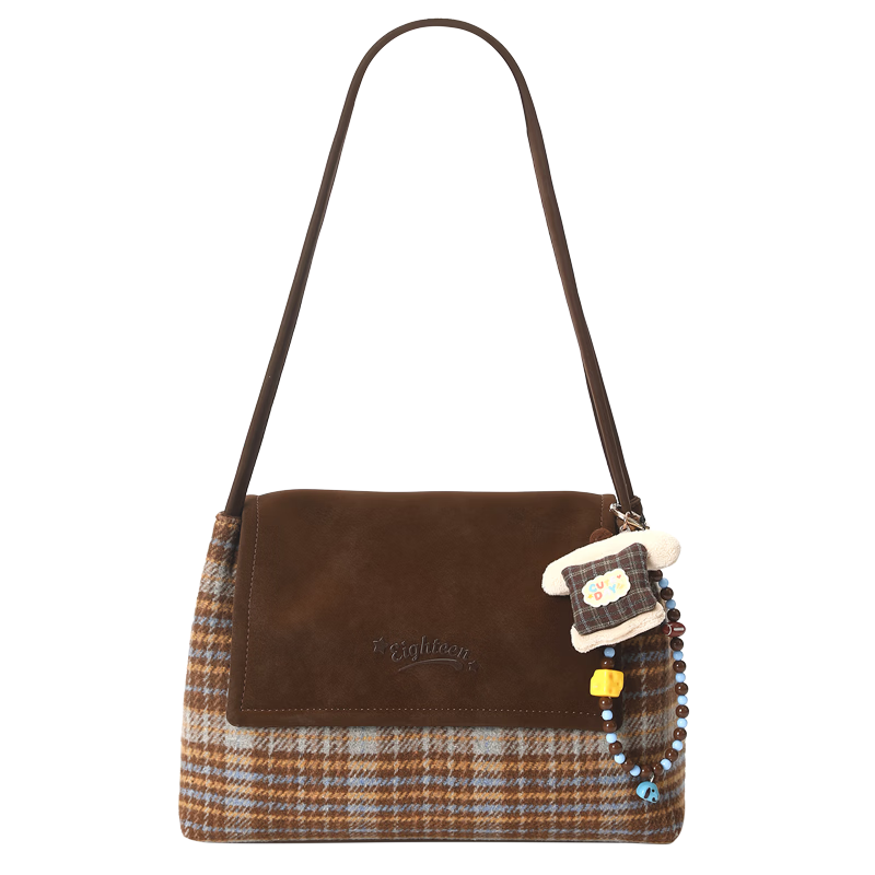 Wanting Plaid Underarm Bag for Women Autumn Winter Small Square Shoulder Bag Plaid Underarm Bag - Dark Brown (With Plush Pendant)