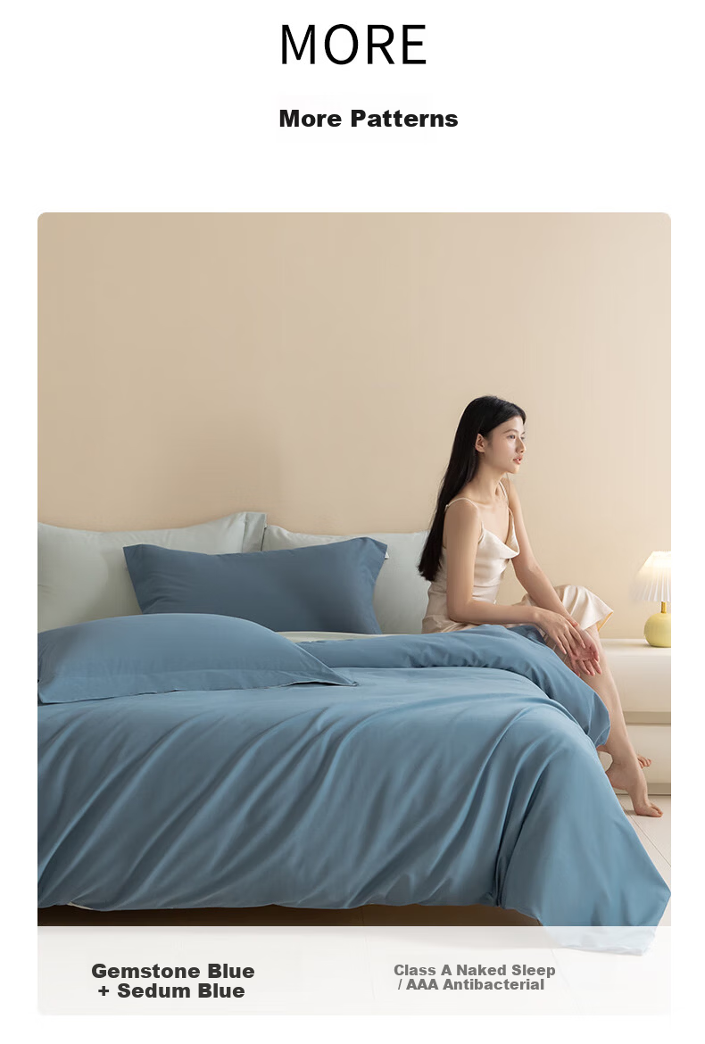 AMOR Antibacterial Class A 100-Count Cotton Brushed Four-Piece Bedding Set Pure Cotton Winter Duvet Cover Fitted Sheet Gem Blue Standard 18