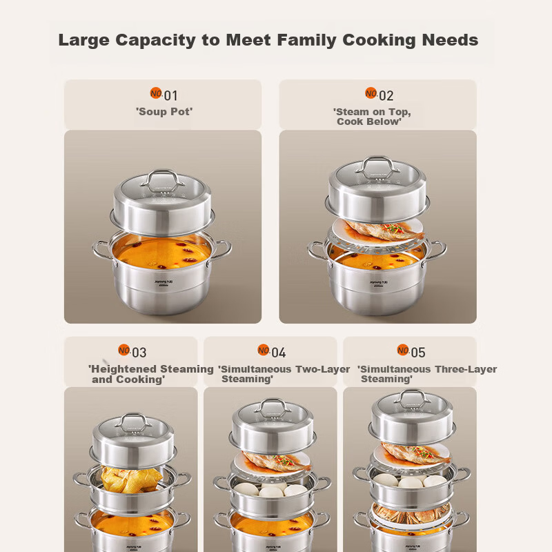 Joyoung 34cm 3-Layer 304 Stainless Steel Multi-Functional Steamer for 3-4 People Gas Stove Compatible European Style Steamer