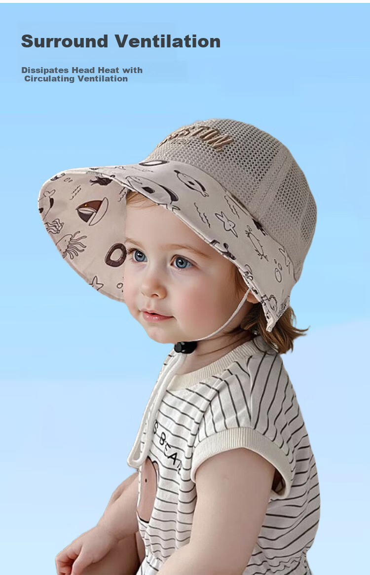 9i9 Baby Hat Cartoon Ocean Summer Wide Brim Sunshade Thin Sunscreen Adjustable Unisex Kids F20 Beige 1-5 Years 7