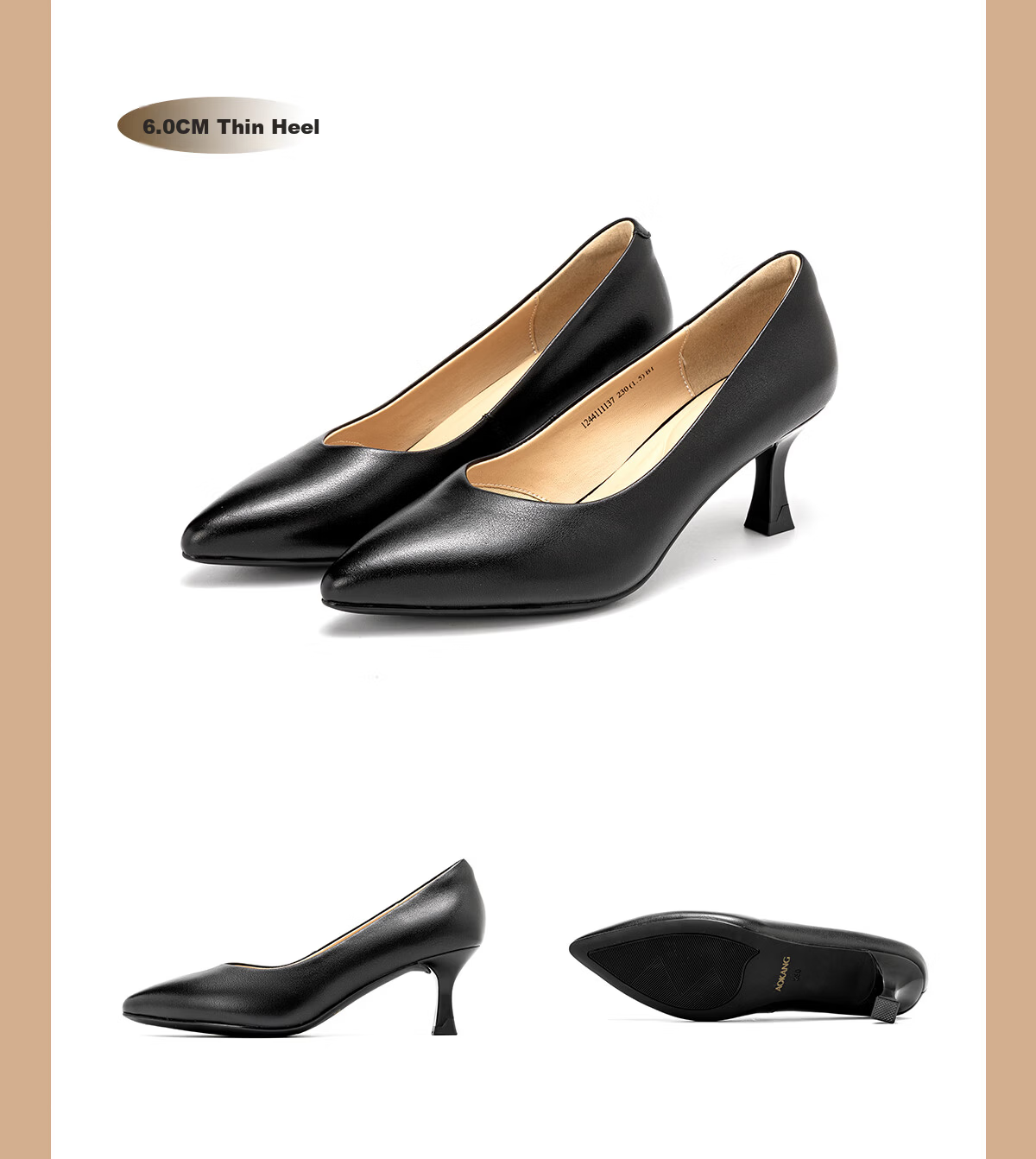 Aokang Official Women's Leather High Heels, Black Thin Heel Professional Work Shoes, OL Pointed Toe Low-Cut Pumps, Size 35 21