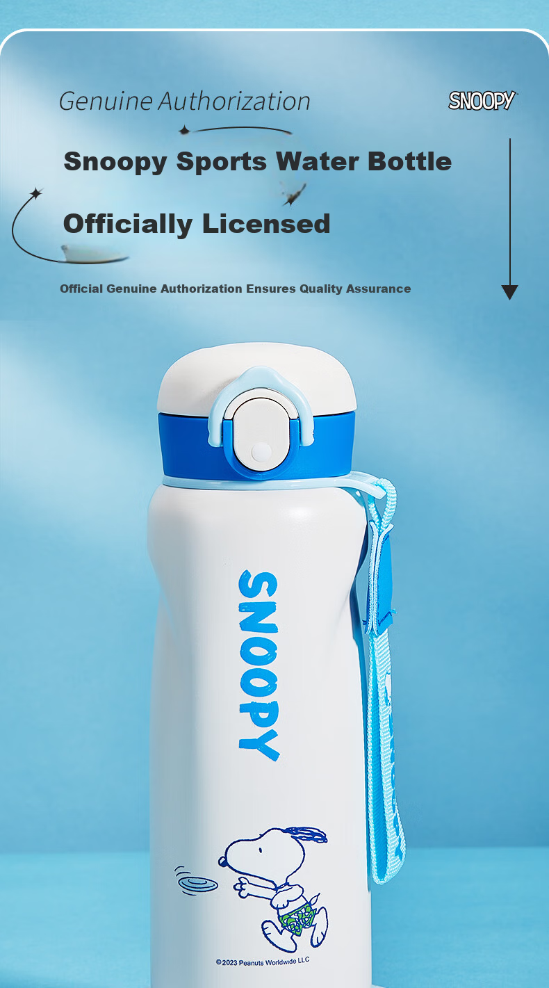 SNOOPY Children's Insulated Cup 316 Stainless Steel Boys and Girls Elementary School Students Portable Direct Drinking Bottle Water Cup with Lanyard 480ml Blue 2