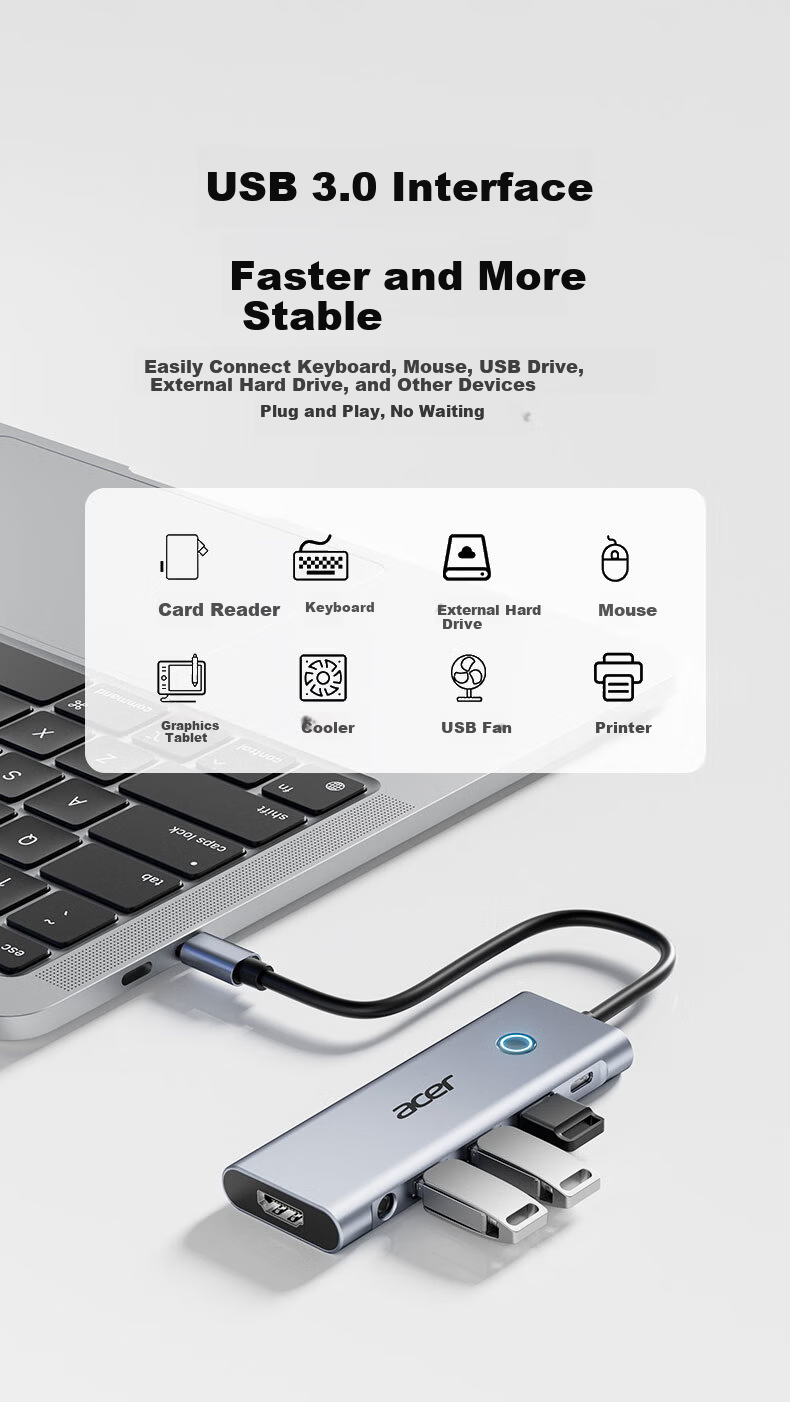 Acer Type-C Expansion Dock, USB3.0 Hub, HDMI Adapter, Compatible with MacBook, Computer And Phone Converter, 4K60Hz Screen Mirroring, PD Charger, Five-I 5