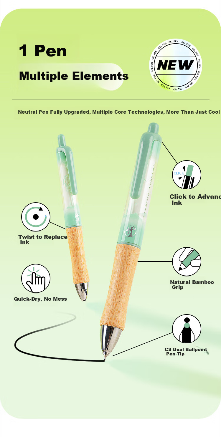 Fizz Good Bamboo Quick-Dry Click Gel Pen High-Value 0.5mm National Style Dual Ballpoint CS Tip Large Capacity Office Signature Pen Brush Pen 1-Pack B73007 Blue Barrel 2