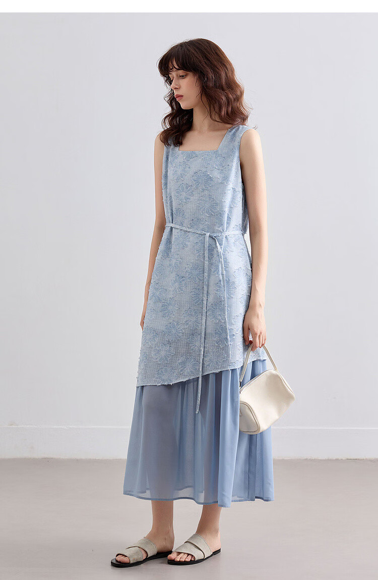 Demana Summer Faux Two-Piece Spliced Chiffon Lightweight Loose Sleeveless A-Line Mid-Length Dress with Cutwork and Print 18
