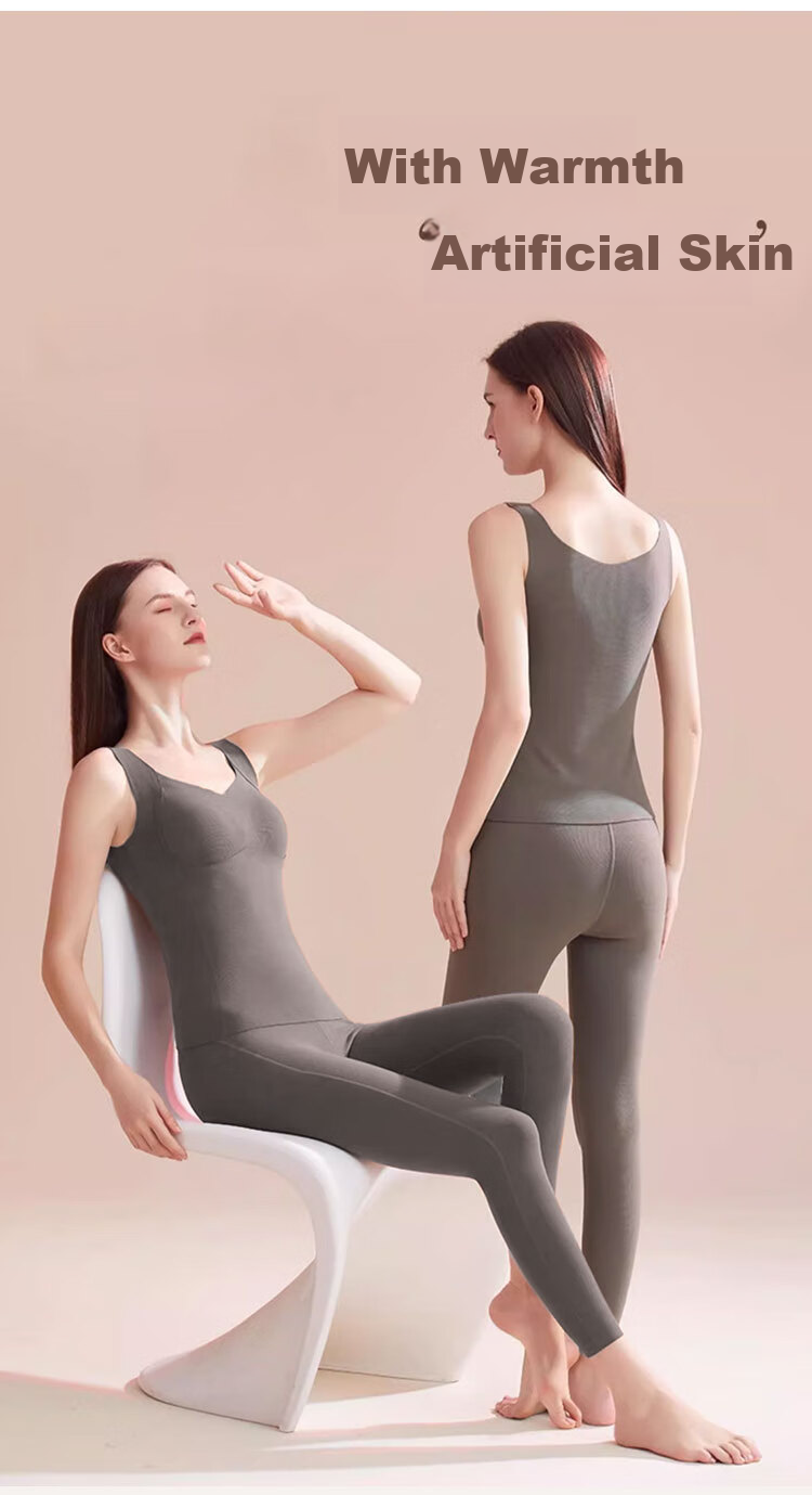 Hug Cotton 2-Pack Seamless Thermal Vest for Women Autumn Winter Brushed Base Layer with Bra, Warming and Anti-Static Underwear 2