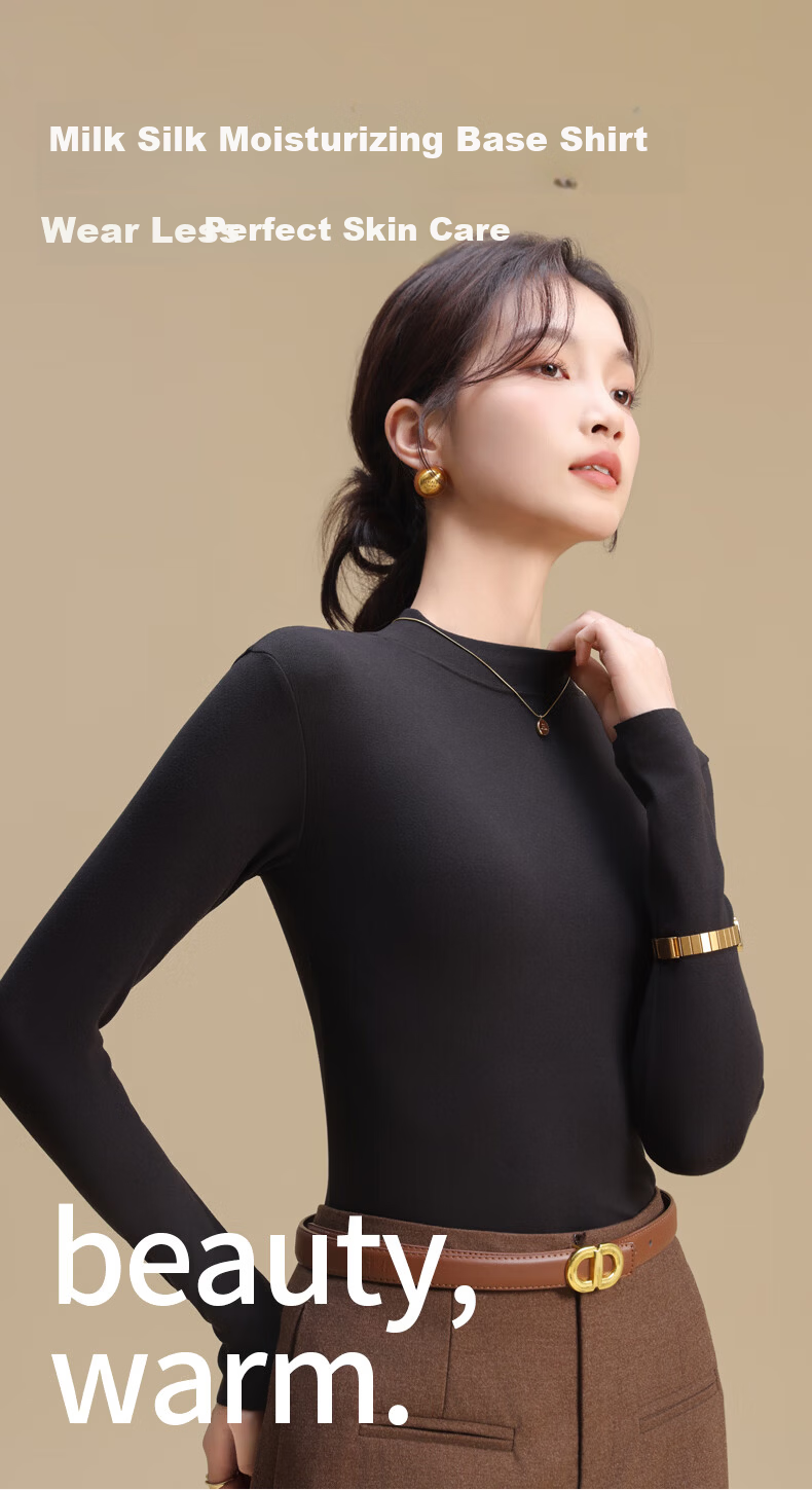 MiiOW Women's Half Turtleneck Thermal Base Layer Long Sleeve Thickened Fleece Lined Black and White Knit Top for Autumn and Winter 1