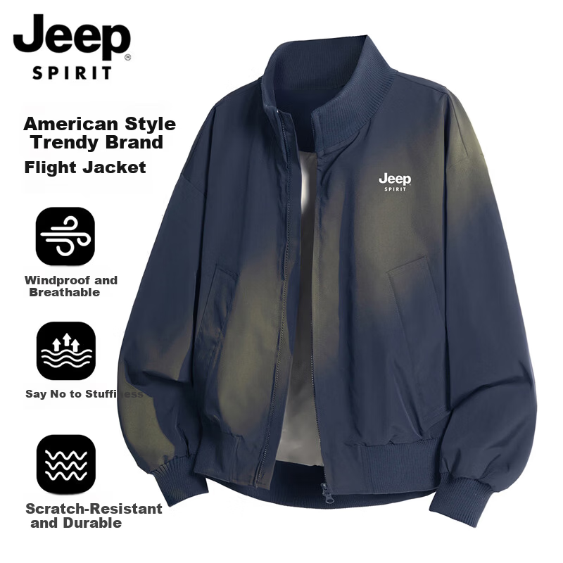 JEEP SPIRIT Men's American Style Flight Jacket Spring Loose Thick Baseball Jacket Navy Blue M