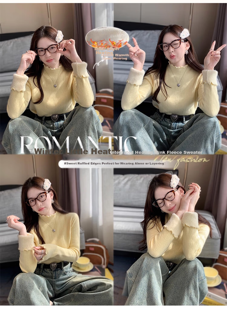 LangSha Women's Autumn Winter Fleece Lined Thickened 2025 New High-End Half Turtleneck Ruffled Knit Sweater Top 1