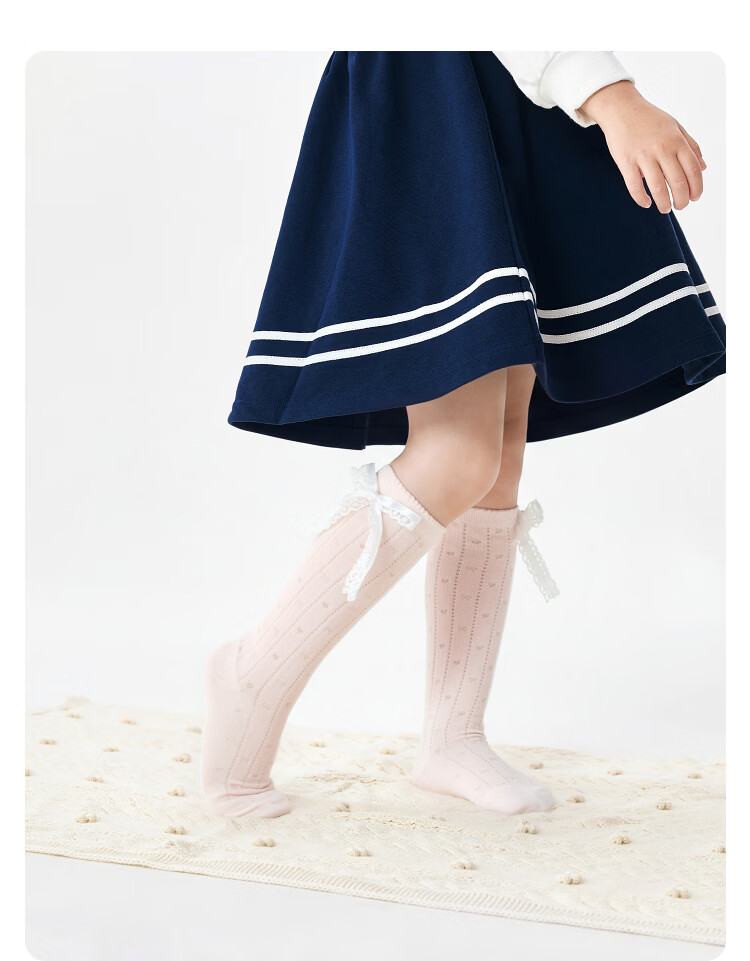 Balabala Girls' Summer Mesh Breathable Thin Mid-Calf Socks Sweet Bow Cotton Stretch 2 Pairs Set 5