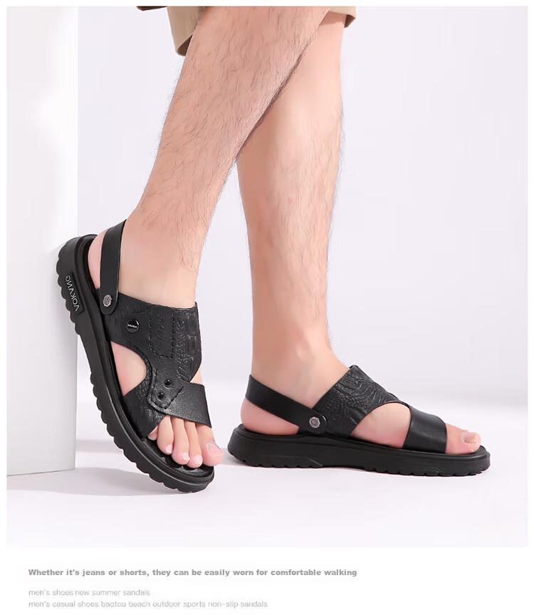 Aokang Men's Leather Beach Sandals, Casual Leather Slippers, Middle-Aged And Elderly Dad Shoes, Two-Way Wear, Large Size Slippers, Brown, Size 38 16