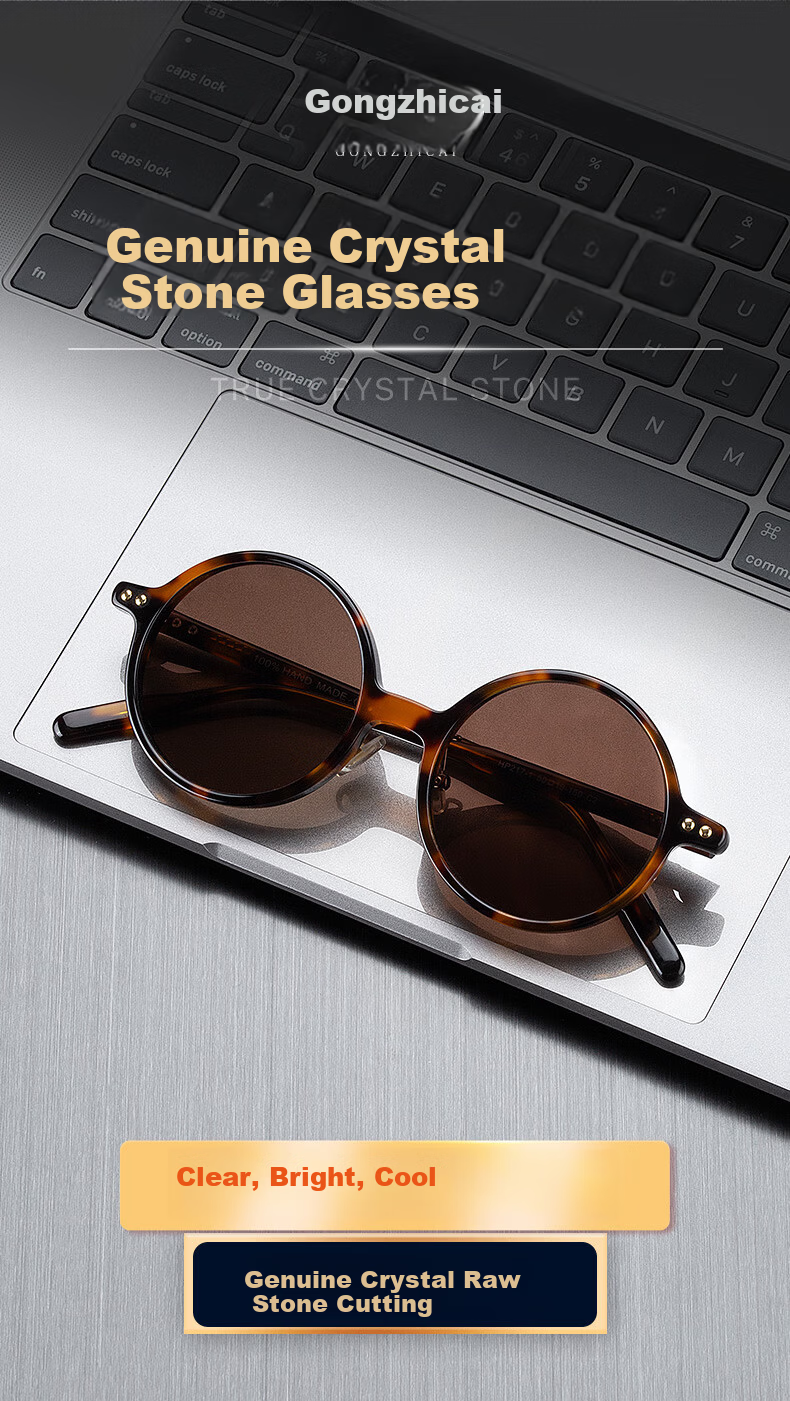 Gongzhicai Trendy Round Frame Crystal Sunglasses Vintage HD Real Stone Lens Sun Glasses Cool Eye Protection Outdoor for Elderly 4