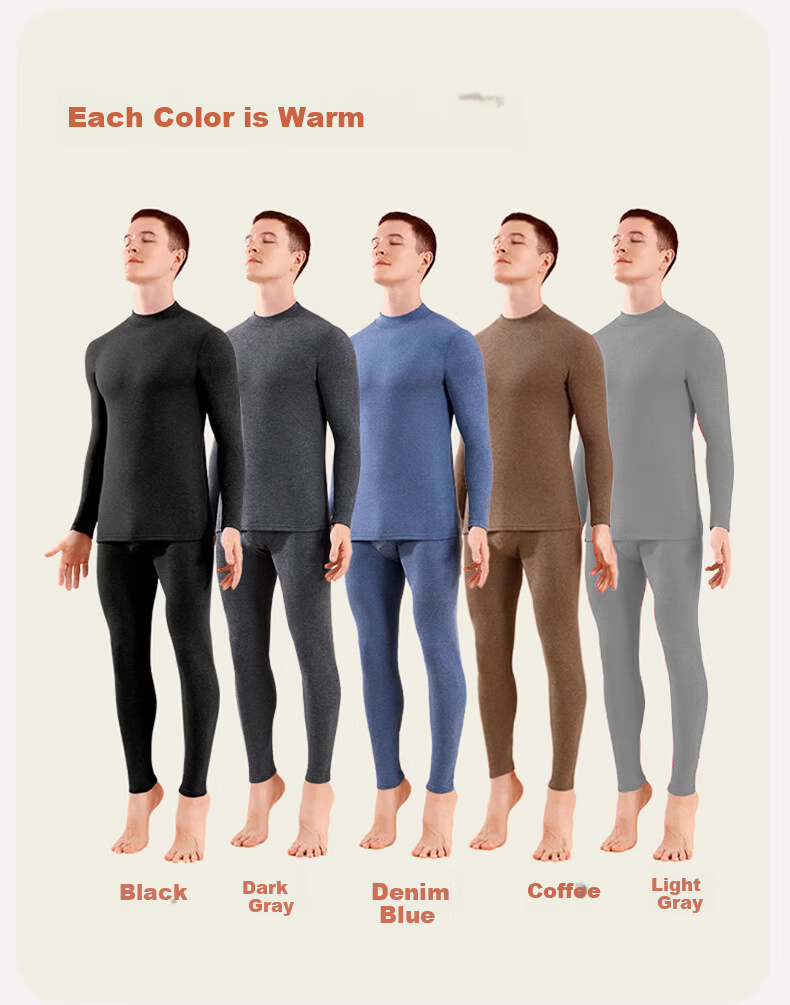 LangSha Mid-Neck Wool and Silk Thermal Underwear Set for Men 26 Autumn Winter New 7A Antibacterial Fleece Lined Heating Top and Bottom Set 13