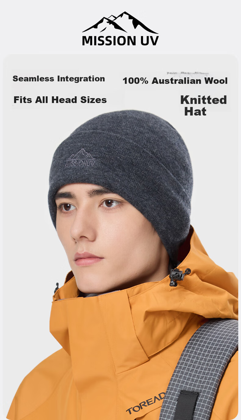 MISSION UV Pure Wool Warm Knitted Beanie Thickened Winter Hat Outdoor Ear Protection Cold Weather Cap for Men 1