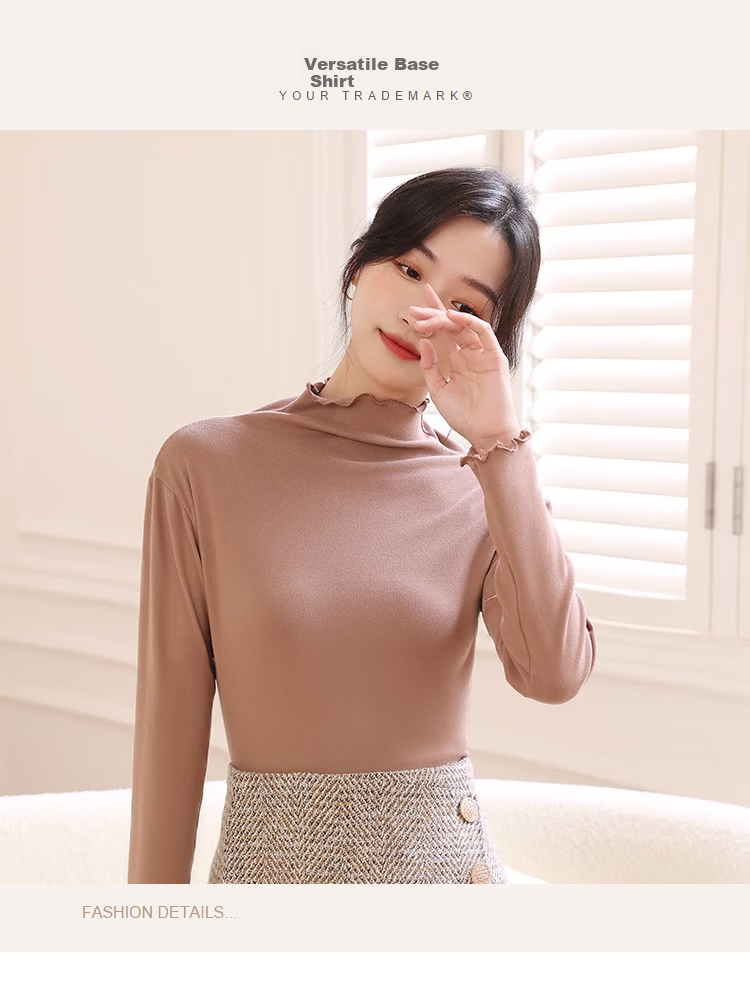 LangSha Women's Base Layer, Semi-Turtleneck Style, Basic Undershirt, Ladies' Long-Sleeve Ruffle Collar, Slim-Fit High-Elastic Top 2