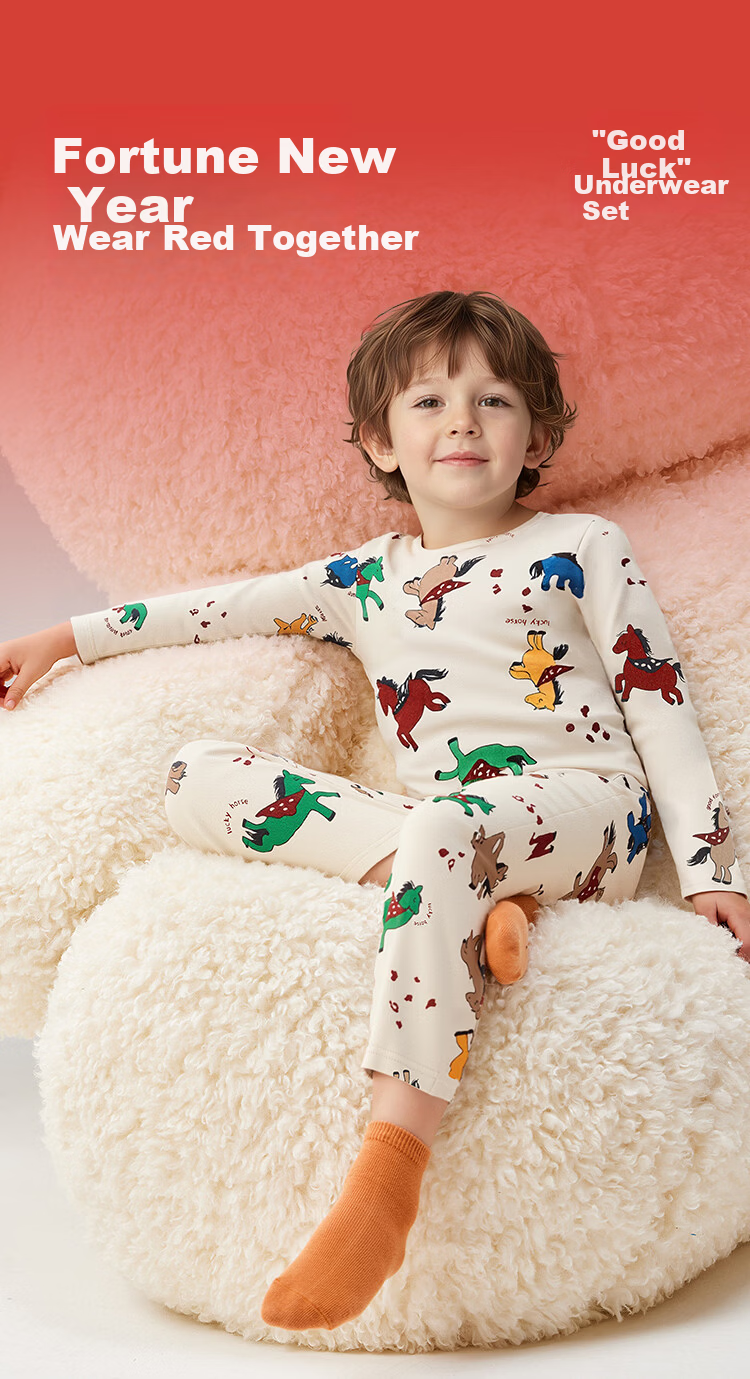 Balabala Kids Boys Girls Set Children's Underwear New 2026 Spring Plush Red Pony New Year Thermal Top and Bottom 1