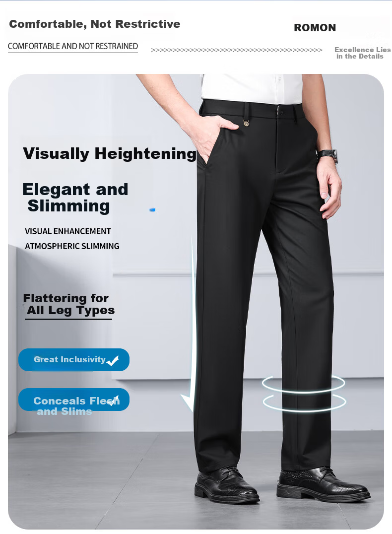 ROMON Elastic Comfortable Men's Dress Pants Spring Autumn High-end Business Casual Suit Trousers Gray 35 6