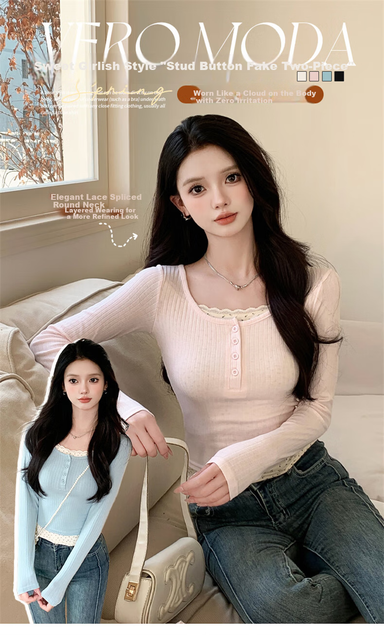 LangSha Floral Print Faux Two-Piece Long Sleeve Slim Fit Lace Top for Women 2025 Autumn New Arrival 1