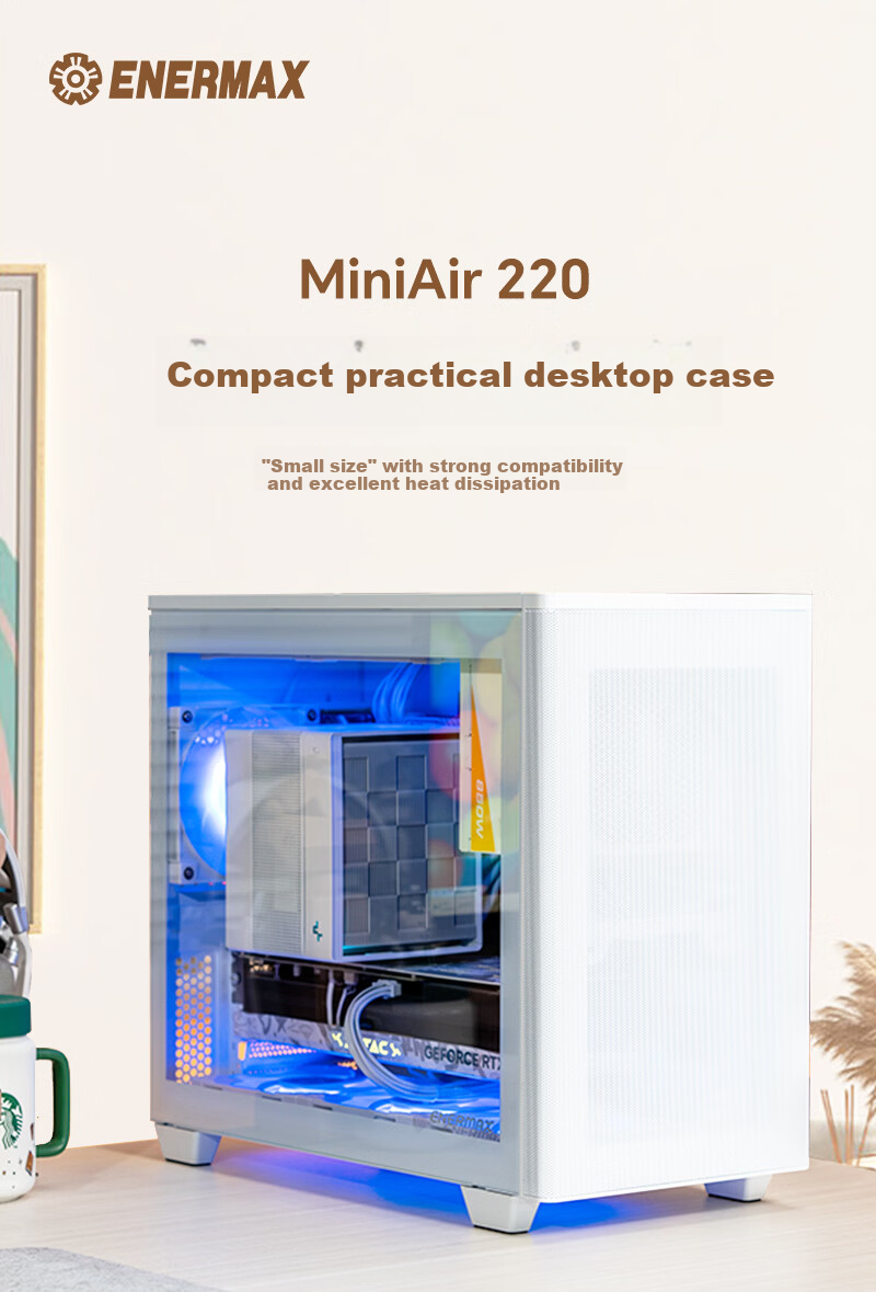 Enermax Mini Air 220 White Desktop PC Case with Tempered Glass Side Panel, Supports Micro-ATX and ITX Motherboards, 240mm Radiator Support, 6 Fan Slots 1