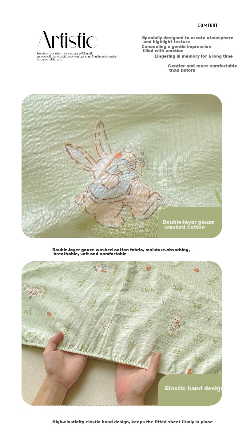 AVIVI Class A Double-Layer Gauze Fitted Sheet Single Bed Cover Full Enclosure Mattress Protector for 1.8m Bed Forest Rabbit 14