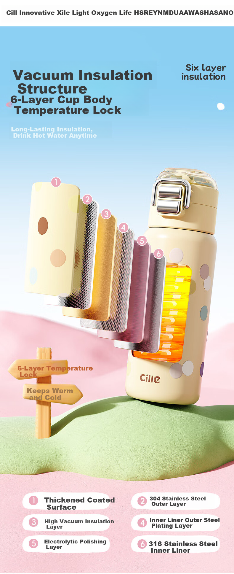 Cille Kids Insulated Water Bottle 316 Stainless Steel Student Portable Straw Cup for Boys and Girls 3