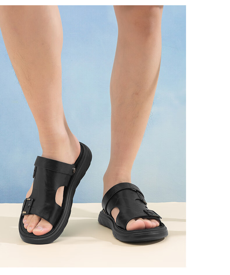 Aokang First Layer Cowhide Men's 2026 New Summer Breathable Leather Sandals Black Size 41 5