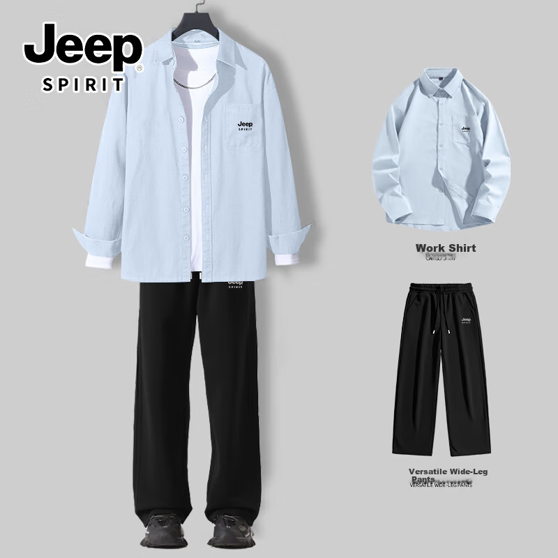 JEEP SPIRIT Men's Spring Long Sleeve Shirt Set American Style Lapel Shirt Casual Pants Retro Loose Trendy Two-Piece Set