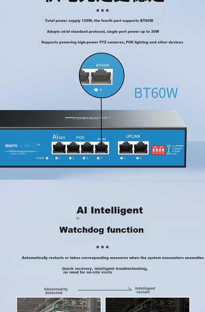 Wopool 8-Port PoE Power Supply Switch Full Gigabit 8 Ethernet Ports + 2 Uplink Ports Camera Surveillance Recorder Network Splitter Enterprise-Level Switch Watchdog 7