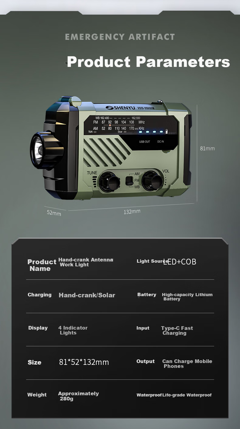 SHENYU Hand-Crank Dynamo Flashlight Radio Solar Multifunctional Emergency Charging Disaster Earthquake Lighting Equipment 14