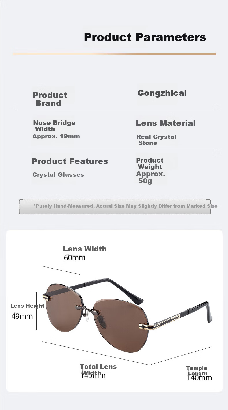 Gongzhicai Brown Crystal Lens Luxury Frameless Pilot Men's HD Stone Outdoor Sunglasses Anti-Glare 4