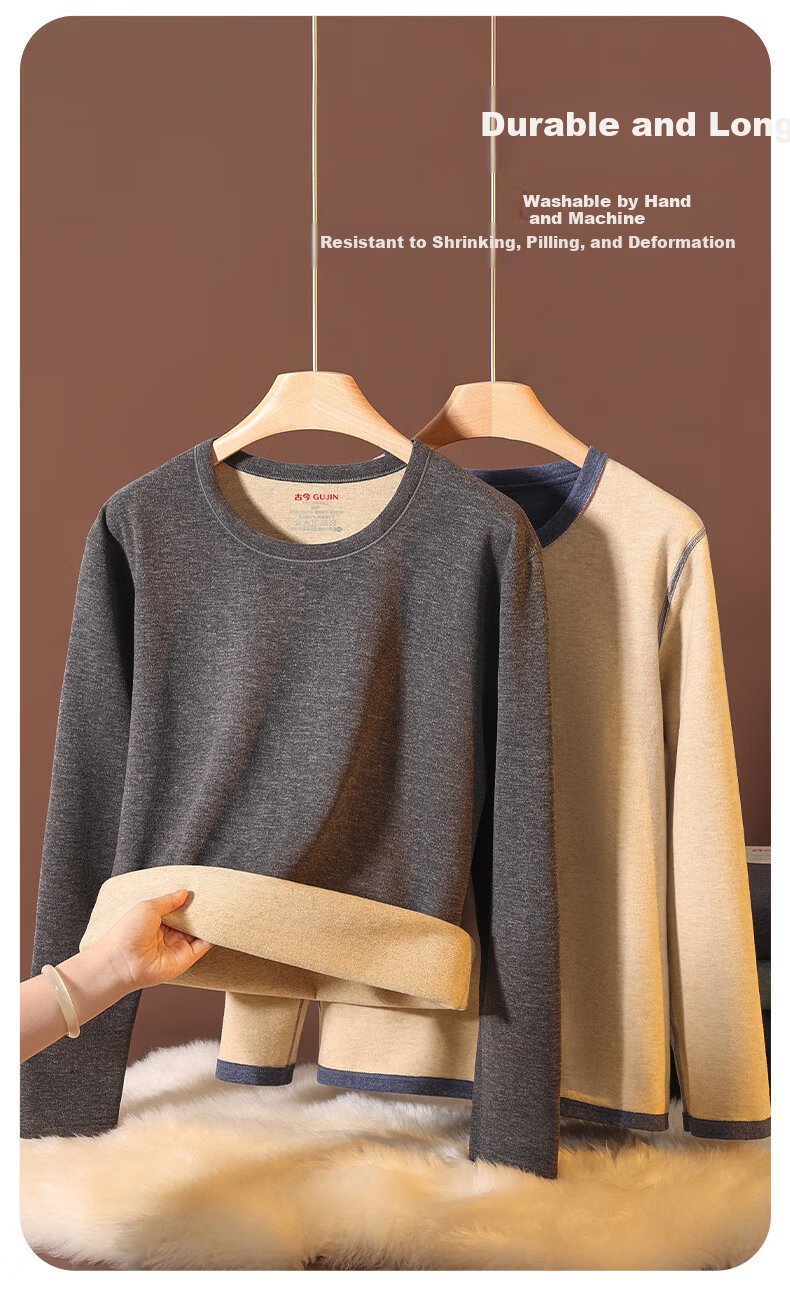 GUJIN Men's Thermal Set Camel Hair Silk Autumn Winter Base Layer Fleece Lined Quick Warm Antibacterial 10A 15