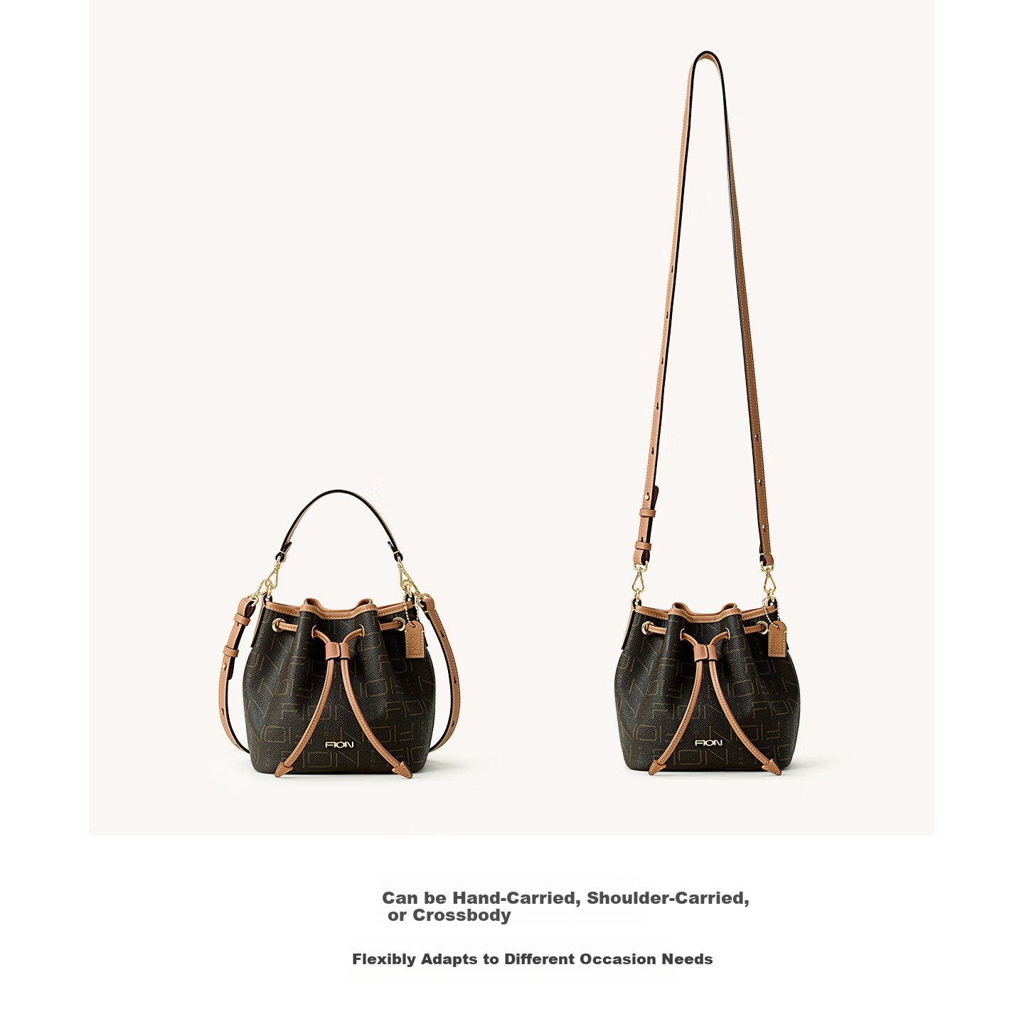 FION New Women's Bucket Bag Classic Monogram Drawstring Shoulder Crossbody Bag Birthday Gift 8