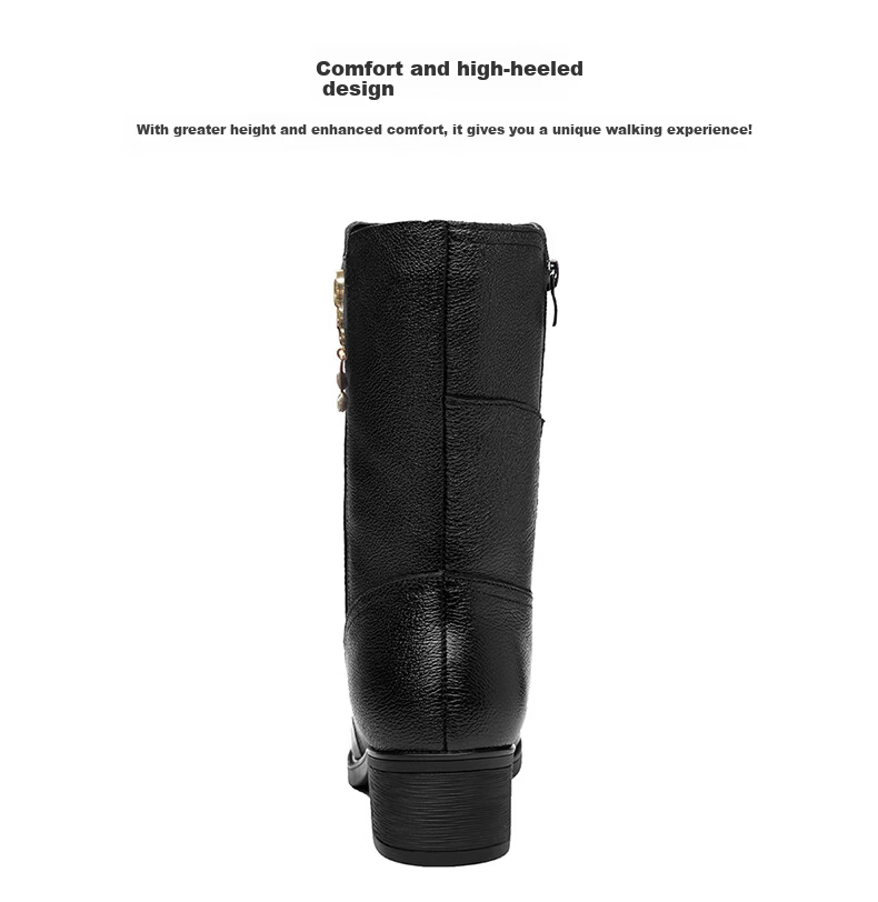 FUGUINIAO Genuine Leather Cowhide Women's Ankle Boots Autumn Winter Fleece Lined Warm Round Toe Chunky Heel Mid-Calf Boots Black Short Fleece Size 39 12