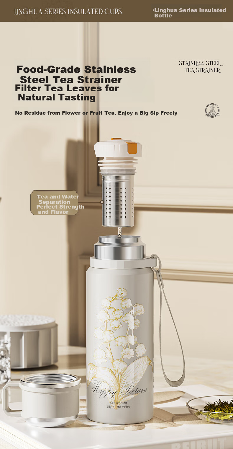 Chuida Huang Insulated Bottle 316 Stainless Steel with Tea Infuser Women's Children's Gift Large Capacity Water Bottle 600ml (Bellflower Design) 9