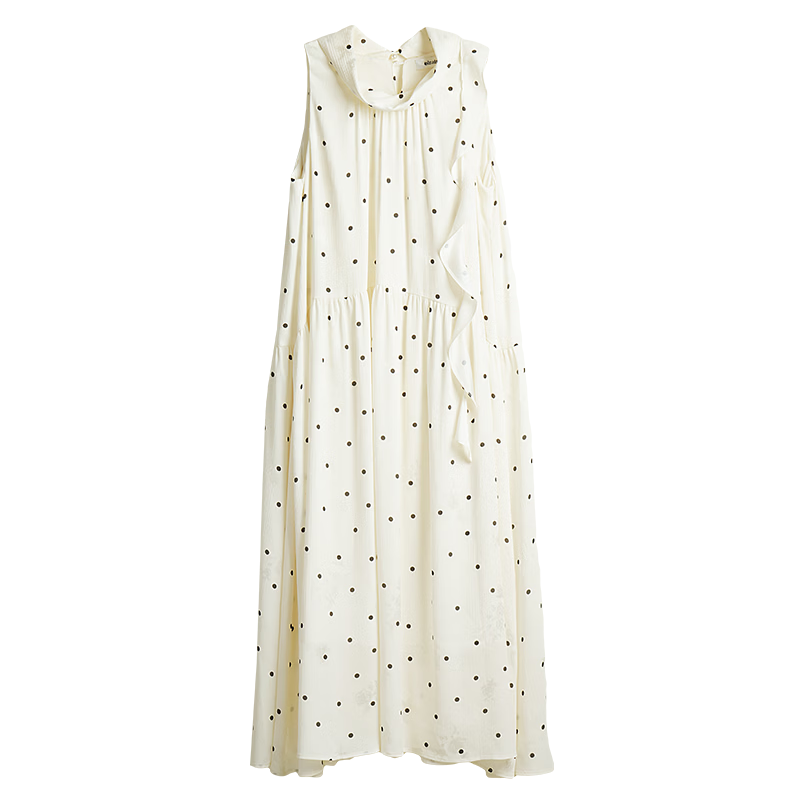 Olrain French Style Polka Dot Ruffled Neck Tie Loose Sleeveless Long Dress for Women, Polka Dot, Size S
