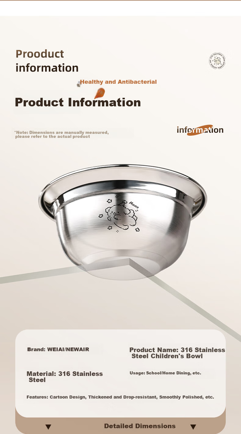 Newair 316 Stainless Steel Children's Bowl Food Grade Baby Household 2026 New Anti-Drop Rice Bowl for Ages 1 to 5 Years 14