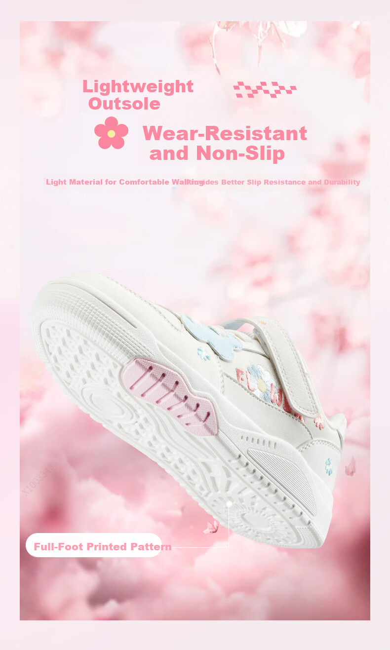 XTEP Kids Girls Flower Velcro Leather Panel Shoes Sail White/Peach Pink Size 28 6