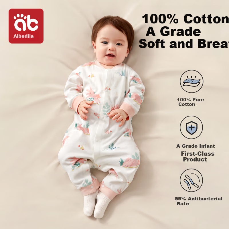 Aibedila Newborn Baby Romper Spring and Autumn Cotton Jumpsuit Unisex Baby Front-Opening Crawling Suit Early Autumn Onesie