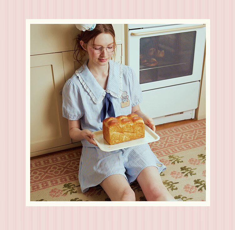Gukoo Women's Summer Pajamas Ratatouille Doll Collar Nightdress Pure Cotton Jumpsuit Homewear Set Light Mist Blue S 16