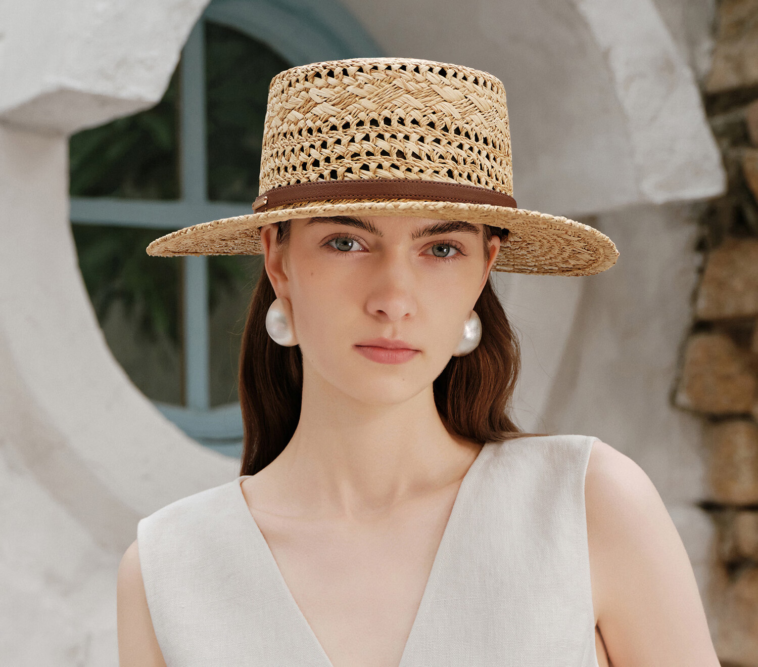 FANCET Hand-Crocheted Raffia Flat Top Summer Women's Hollow Breathable Straw Hat British Vintage High Crown Sun Hat 20