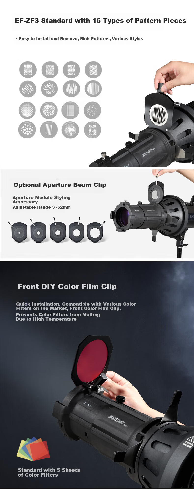 Jinbei EF-ZF2 (36° Lens) Focusing Spotlight Professional Imaging Lens LED Constant Light Optical Effect Spotlight Photography DIY Artistic Shaping Light Effect Background Photography 10