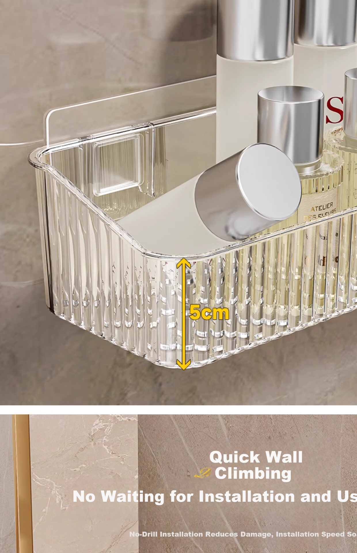 MUYA Suction Cup Storage Rack, No Drilling Required, Detachable, Bathroom Vanity Organizer, Light Luxury Style, Hollow Baked Paint Finish 6