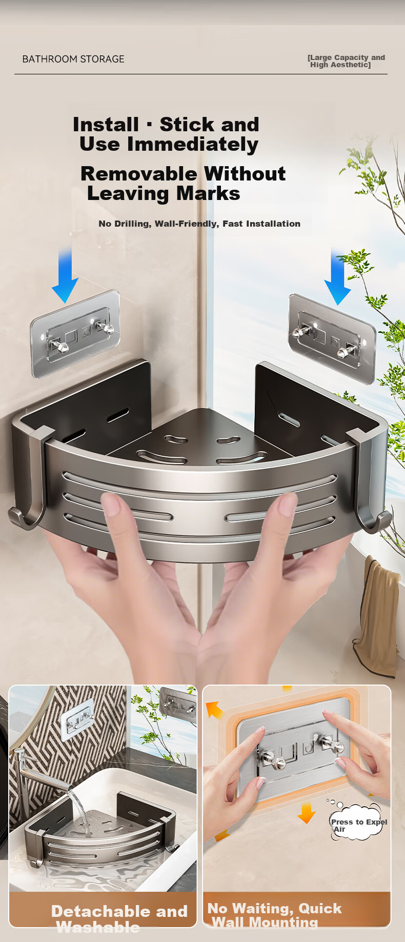 Baihan No-Drill Storage Rack, Bathroom Corner Shelf, Bathroom Organizer Rack, Suction Cup, Carbon Steel 5